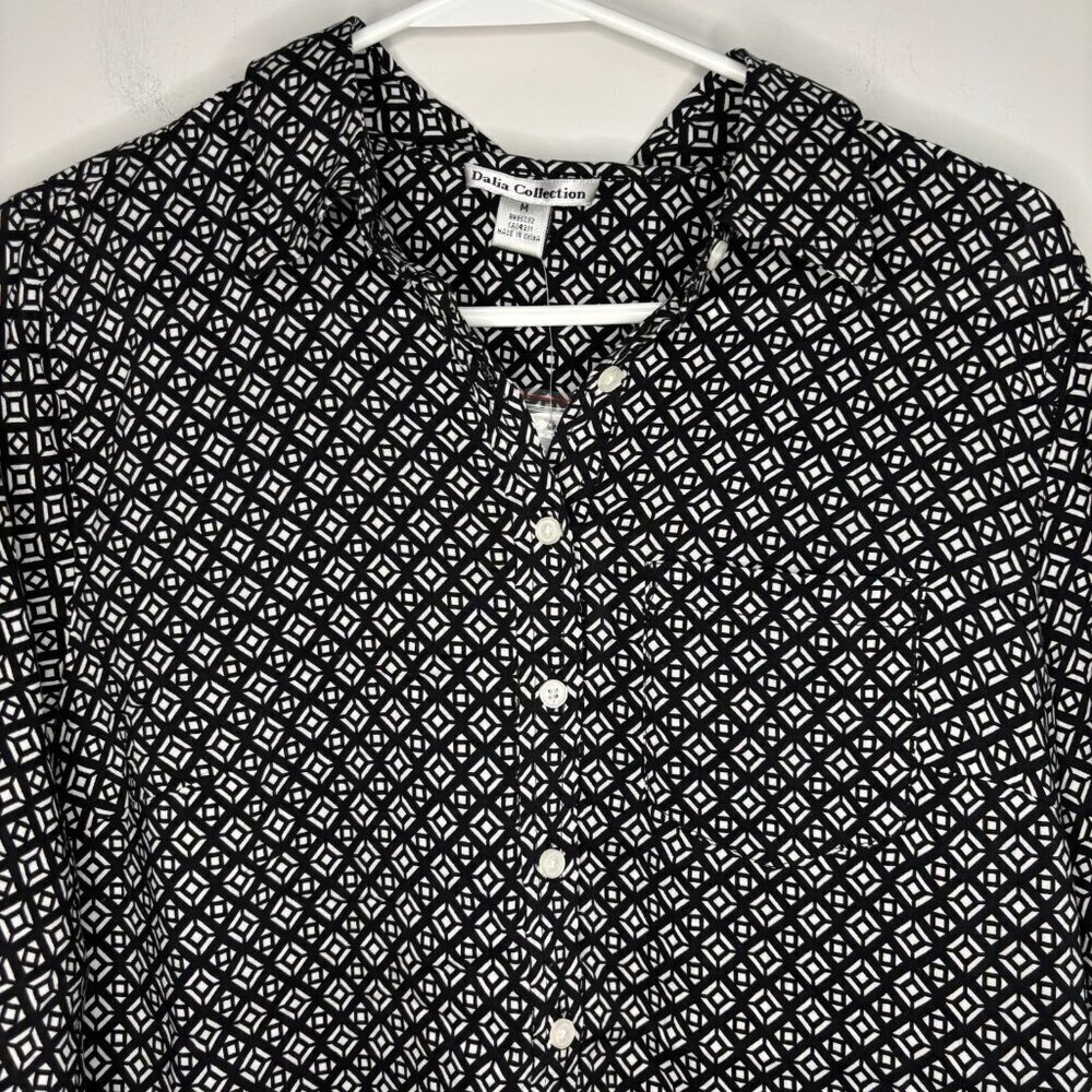 DALIA COLLECTION NEW Blouse Women M Geomet Design Button Up Collar Long Sleeve